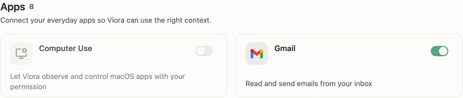 Computer Use and Gmail cards on the Viora Apps page, each with a switch