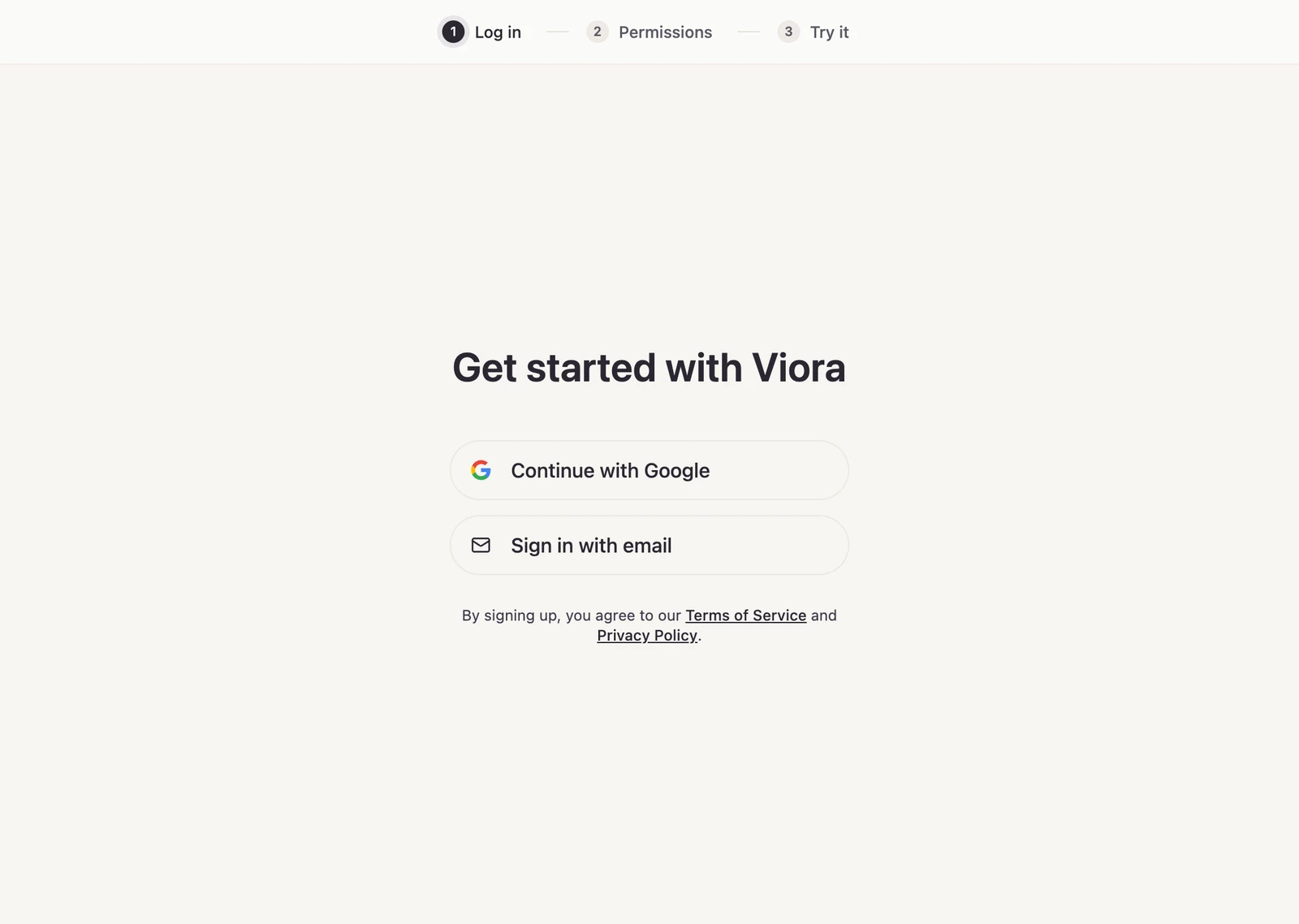 Viora desktop sign-in screen with Continue with Google and Sign in with email buttons