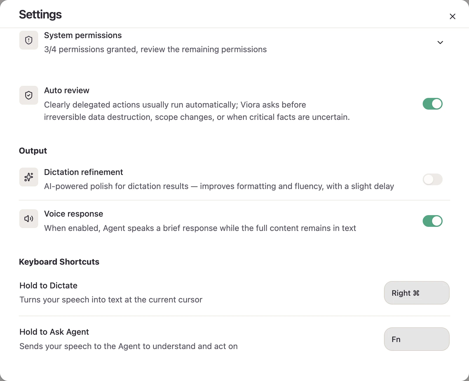 Viora Output and Keyboard Shortcuts settings showing Dictation refinement off, Dictation right Command, and Agent Fn