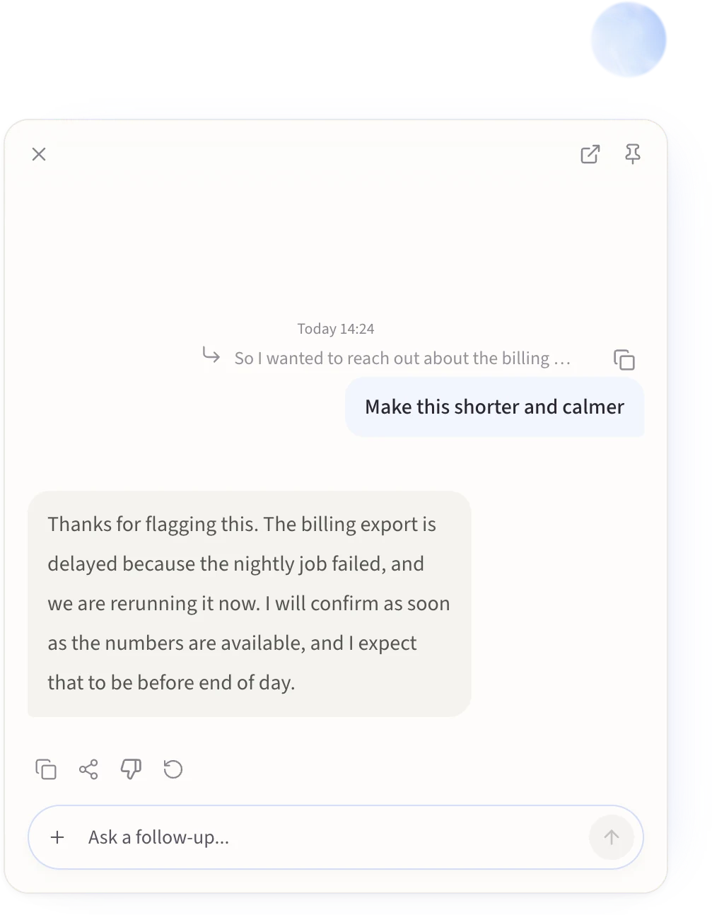 Viora Agent Card showing a Mail selection, the request Make this shorter and calmer, and the rewritten reply