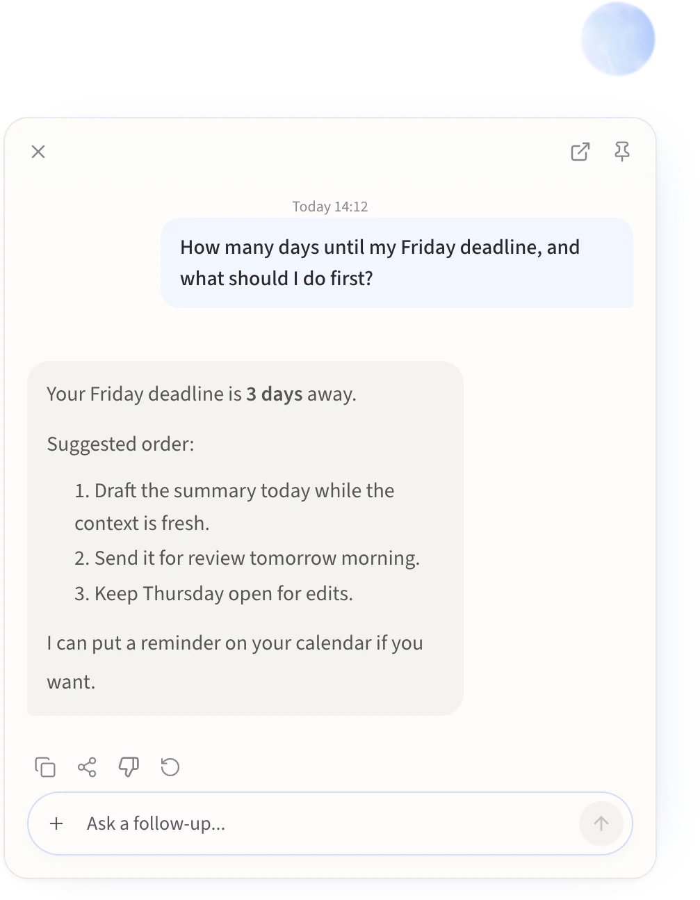 Viora Agent Card answering a question about a deadline with a three-step suggested order