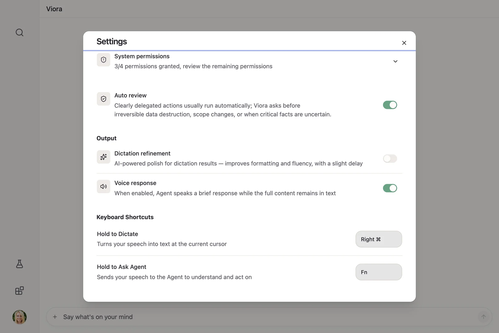 Viora Keyboard Shortcuts settings listing Hold to Ask Agent and Hold to Dictate under Voice Input