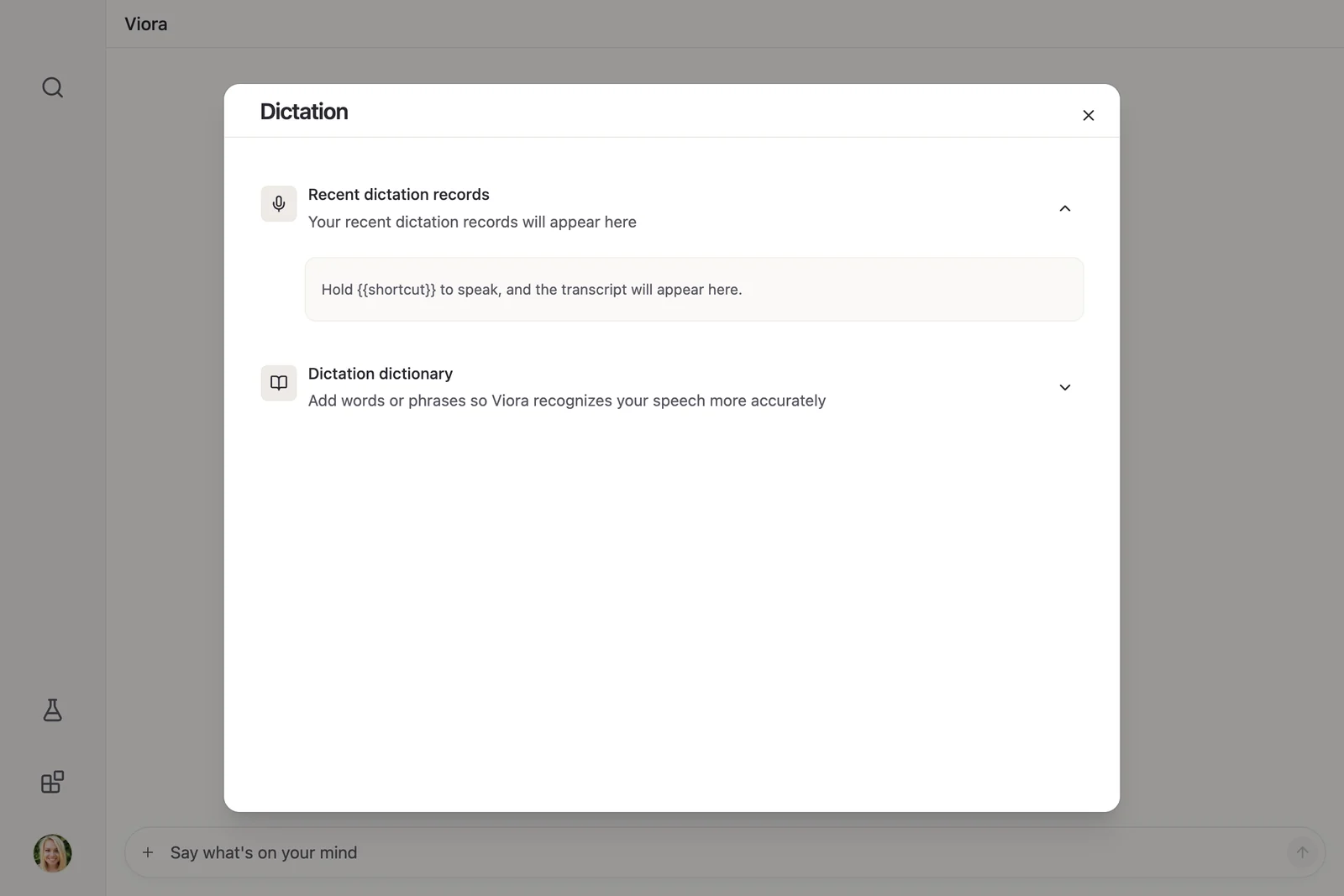 Viora Dictation panel showing the search field and the empty state for recent dictation records