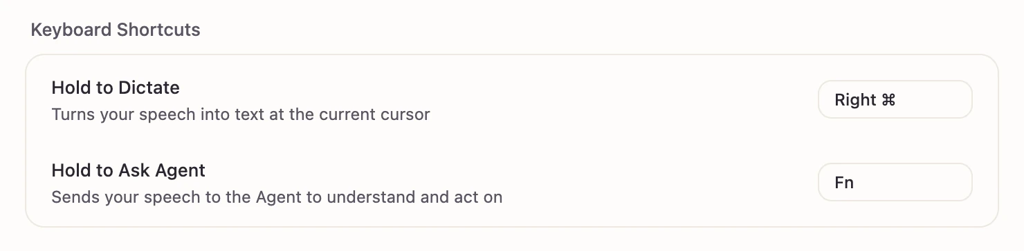 Viora Keyboard Shortcuts settings with Hold to Dictate set to Right Command and Hold to Ask Agent set to Fn